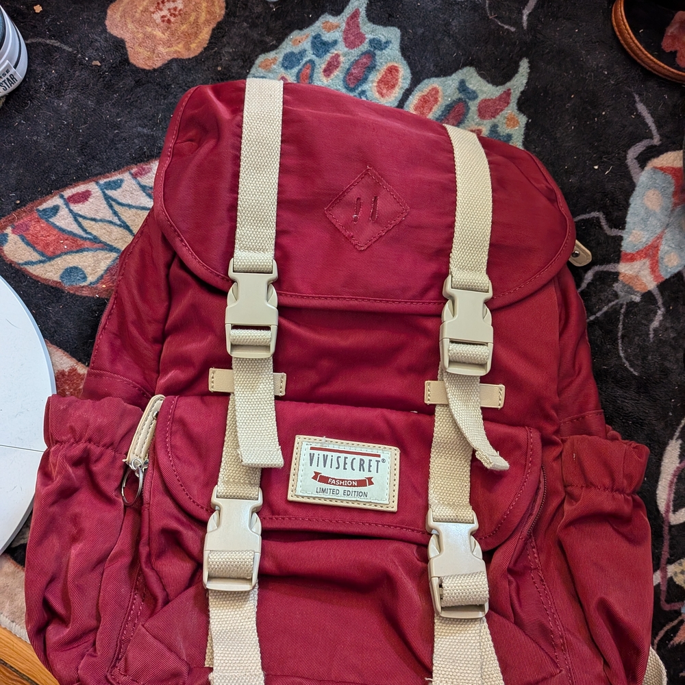 Burgundy Nylon Backpack with Beige Straps